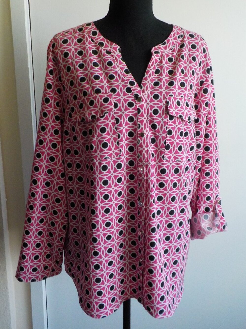 Notations Blouse - X-Large - Pink Black White Button Up Roll Sleeves (2570)